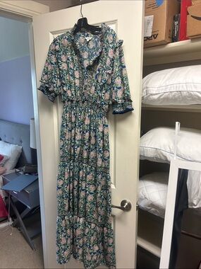 Max Studio London Floral Tiered Maxi Dress in Navy & Pink